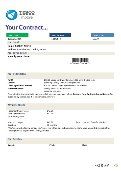 Modèle de facture de services publics pour entreprise Tesco Mobile du Royaume Uni aux formats Word et PDF